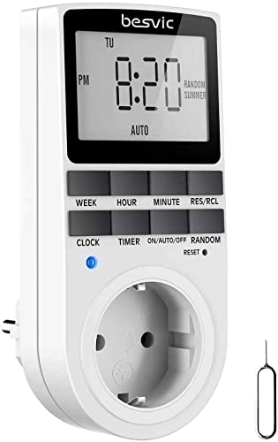 Digitale Zeitschaltuhr Steckdose, Besvic 3680W Timer Steckdose mit 10 täglichen konfigurierbaren Programmen, LCD Display und Anti-Theft-Zufallsmodus für Innen (1 Pack)