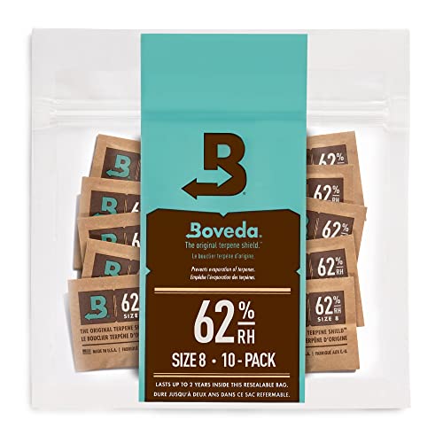 Boveda zur Aufbewahrung von Kräutern | 2-Wege-Feuchtigkeitsregulierung mit 62% | Größe 8 schützt bis zu 30g | verhindert den Verlust von Terpenen | wiederverschließbare Verpackung mit 10 Stück