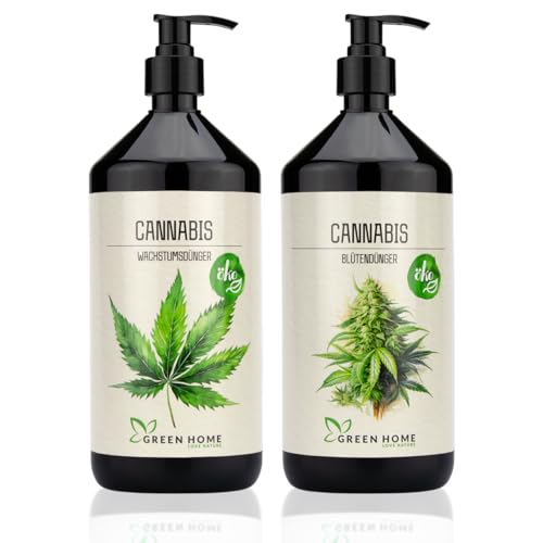 Green Home Hanf- & Cannabis-Dünger Konzentrat Set – 1L Wachstumsdünger & 1L Blütendünger, Für ca. 290L Wasser, Indoor/Outdoor/Autoflower. Ideal NPK-Balance, Mineralische Nährstoffe