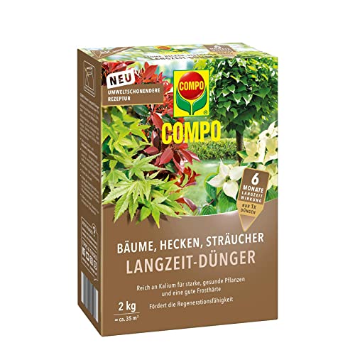 COMPO Bäume, Hecken, Sträucher Langzeit-Dünger, Umweltschonendere Rezeptur, 6 Monate Langzeitwirkung, 2 kg, Für 40 Laufmeter Hecke