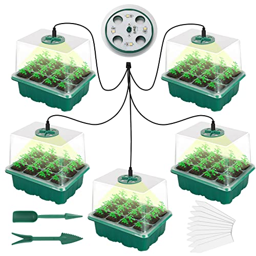 Richaa 5 Stück 60 Zellen Anzuchtset ZimmergewäChshaus mit Licht Mini Anzucht GewäChshaus Klein Pflanzen Zimmergewächshaus Aufzucht Set Anzuchtschalen mit Deckel Kleines GewäChshaus für Zimmer Indoor