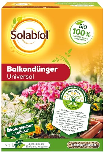 Solabiol Bio Balkondünger Universal, Blumendünger mit Wurzelstimulator und natürlicher Sofort- und Langzeitwirkung, 1,5 kg, braun