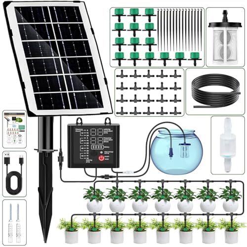 Yowin Solar Bewässerungssystem, Automatische Bewässerungssystem für Garten, Urlaubsbewässerung mit Anti-Siphon, 12 Timer, 15 M Schlauch, Tröpfchenbewässerung System für Balkon Gewächshaus Pflanzen