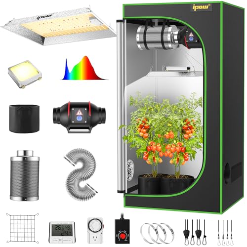 IPOW Grow Tent Kit Complete System 0.6x0.6 m LED Grow Light Dimmable Full Spectrum Indoor Grow Tent Kit 61.0 cmx61.0 cmx139.7 cm Hydroponics Grow Tent with 4 Inch Ventilation Kit