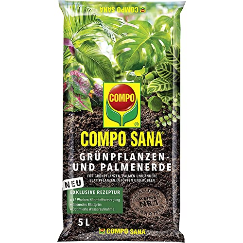 COMPO SANA Grünpflanzenerde und Palmenerde mit 12 Wochen Dünger für alle Zimmerpflanzen, Balkonpflanzen, Palmen und Farne, Kultursubstrat, 5 Liter, Braun