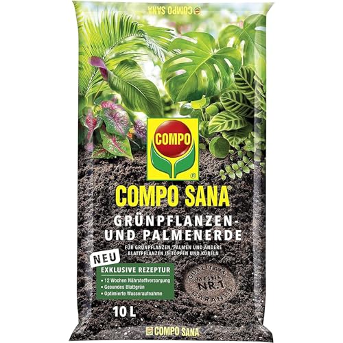 COMPO SANA Blumenerde für Grünpflanzen und Palmen, 12 Wochen Nährstoffversorgung, 10 Liter, COMPO SANA Grünpflanzenerde und Palmenerde