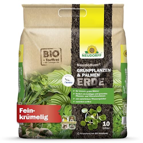 Neudorff NeudoHum Grünpflanzen- & PalmenErde – Torffreie Bio Erde, fördert gesunde Palmen und Grünpflanzen mit grünen Blättern wie z.B. Monstera, 10 Liter, Braun