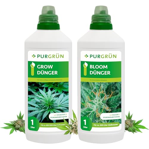 Purgrün® Cannabis-Dünger-Set | Schnell wirksame mineralische Rezeptur | Vollspektrum-Nährstoffe für Wachstum & Blüte | Flüssigdünger Indoor & Outdoor | Für Autoflower, Sativa & Indica | 2 x 1 Liter