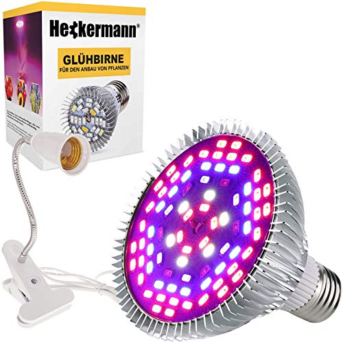 ORIGINAL Heckermann E27 Glühbirne für Pflanzen 50W + Lampenhalter 230V – Modell: MDA-PG05 - Leistungsaufnahme: 10W - 78 eingebaute LEDs – Aus hochwertigem Aluminium – Wellenlängen von 300 bis 1000 nm